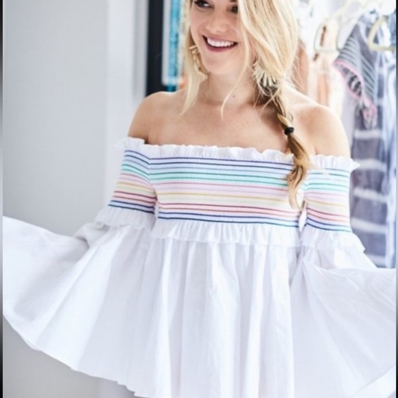 NWT! Greyson Anthropologie Rainbow Smocked Bell Sleeved Cotton Top | size small - Picture 1 of 5